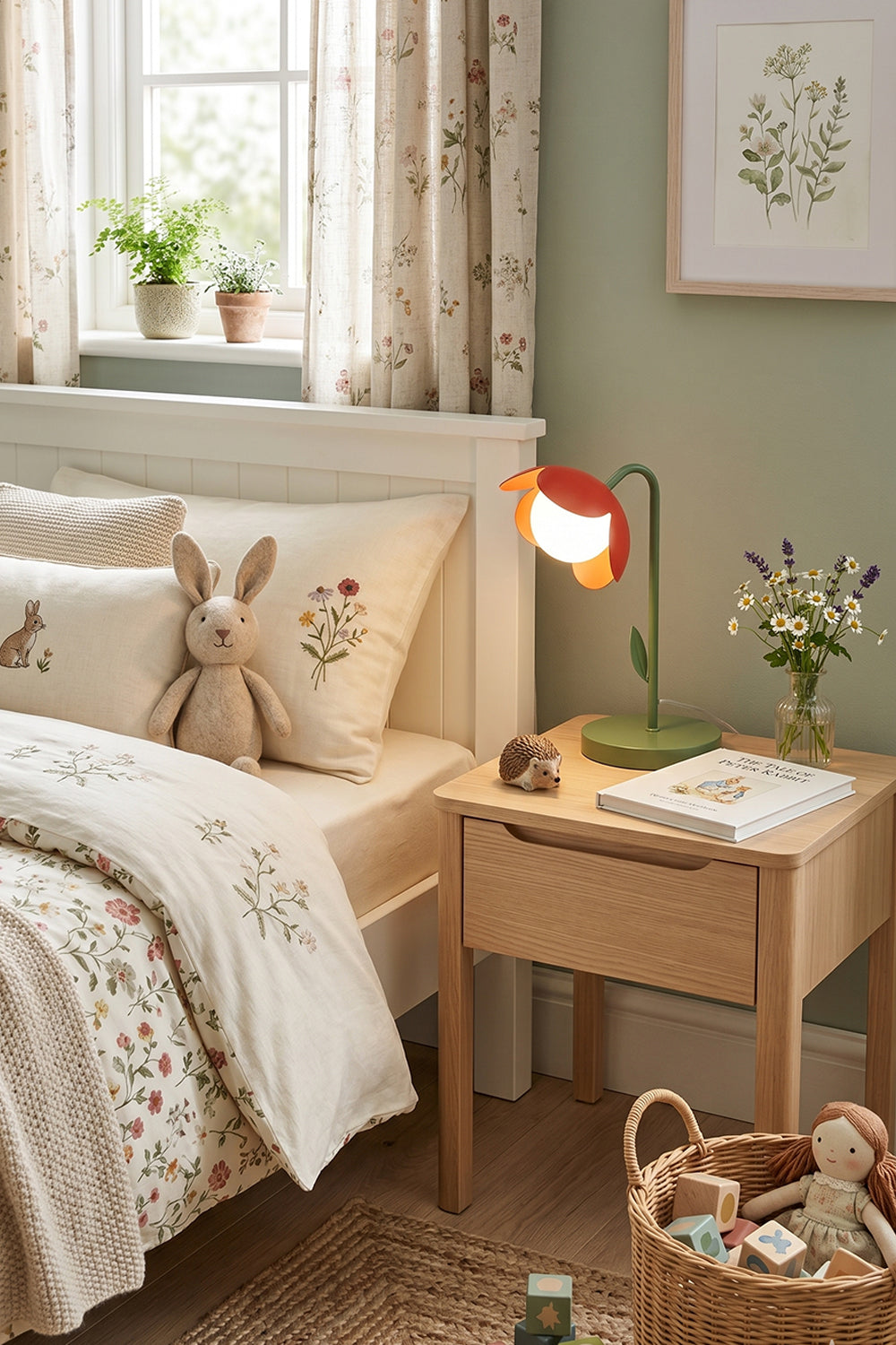 Kids' nature-themed bedroom scene | Metal and glass | Red petal botanical lamp on wooden nightstand | Nature-themed bedding, stuffed animal | Next to large headboard | vexa lamps