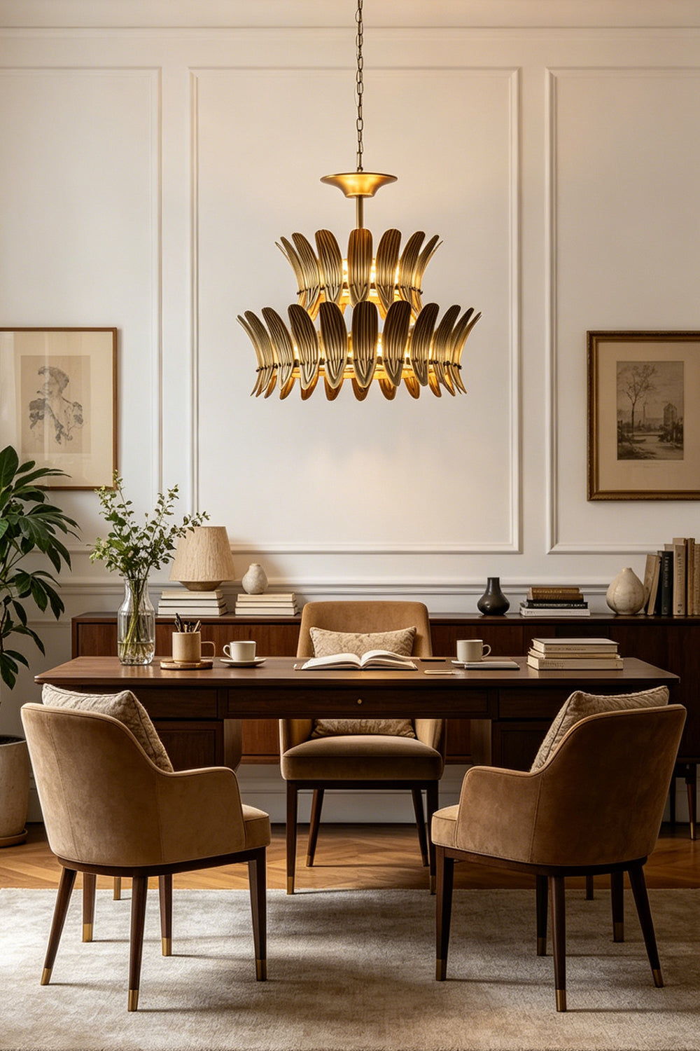 Brass Feather Tiered Chandelier for Den/Study | vexa lamps