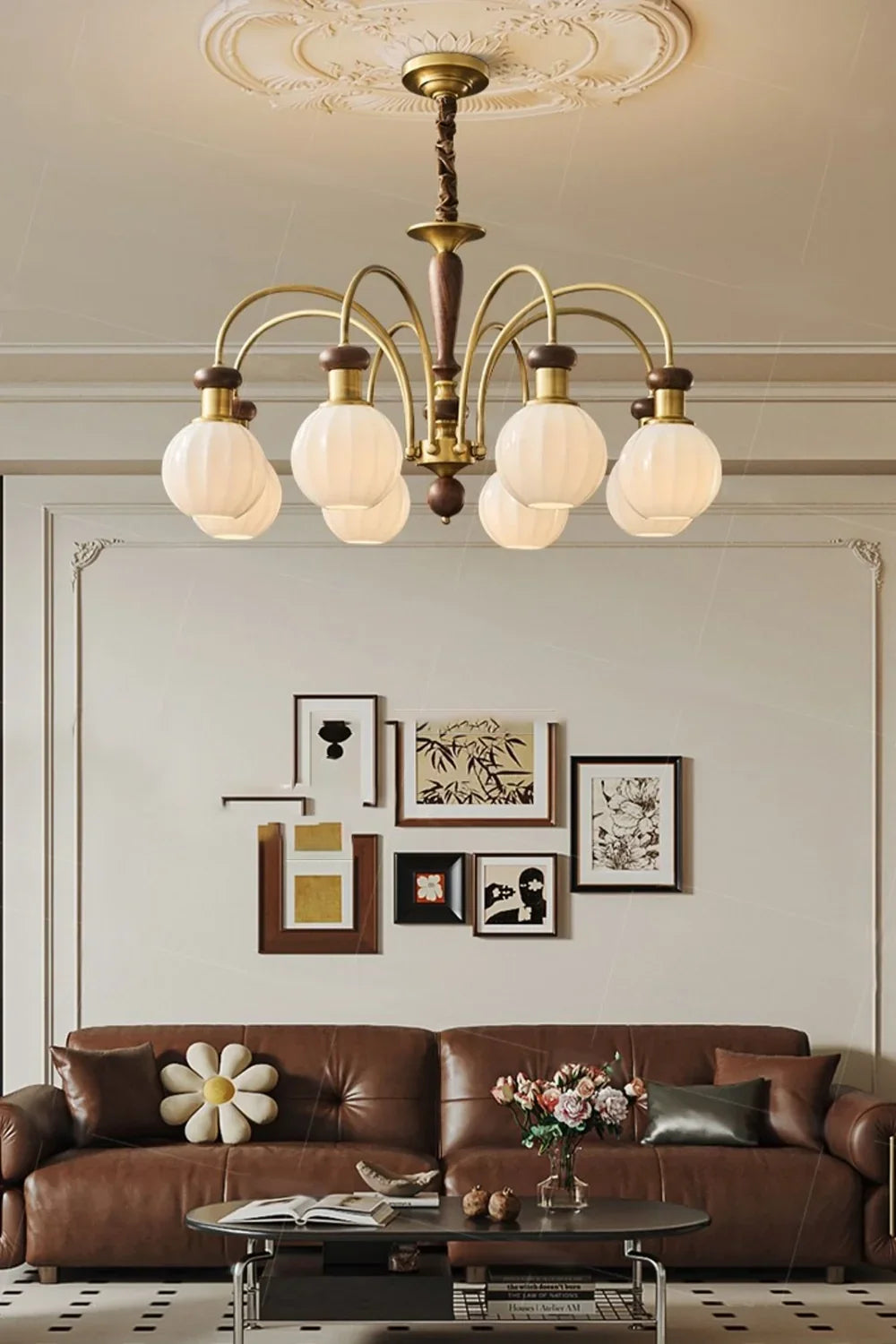 Brass Globe Walnut Chandelier - view 3 | everlamps