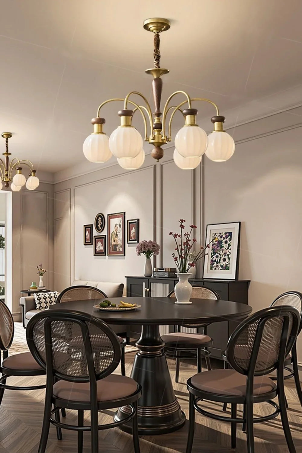 Brass Globe Walnut Chandelier - view 6 | everlamps