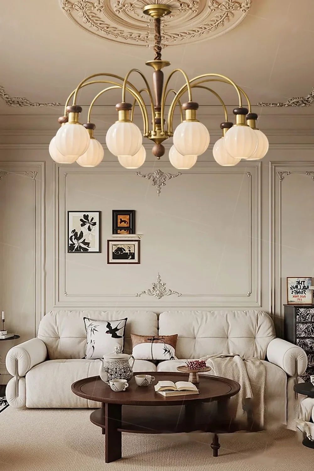 Brass Globe Walnut Chandelier - view 4 | everlamps