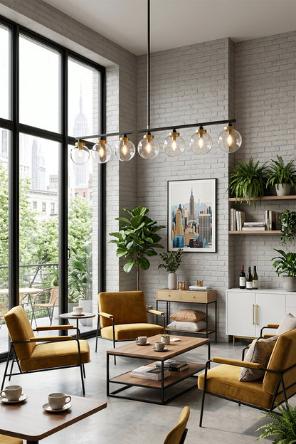 Brooks Linear Glass Globe Chandelier | Glass, Metal | Positioned elegantly in a contemporary loft lounge area, radiating a warm yellow halo above plush tan leather armchairs | vexa lamps