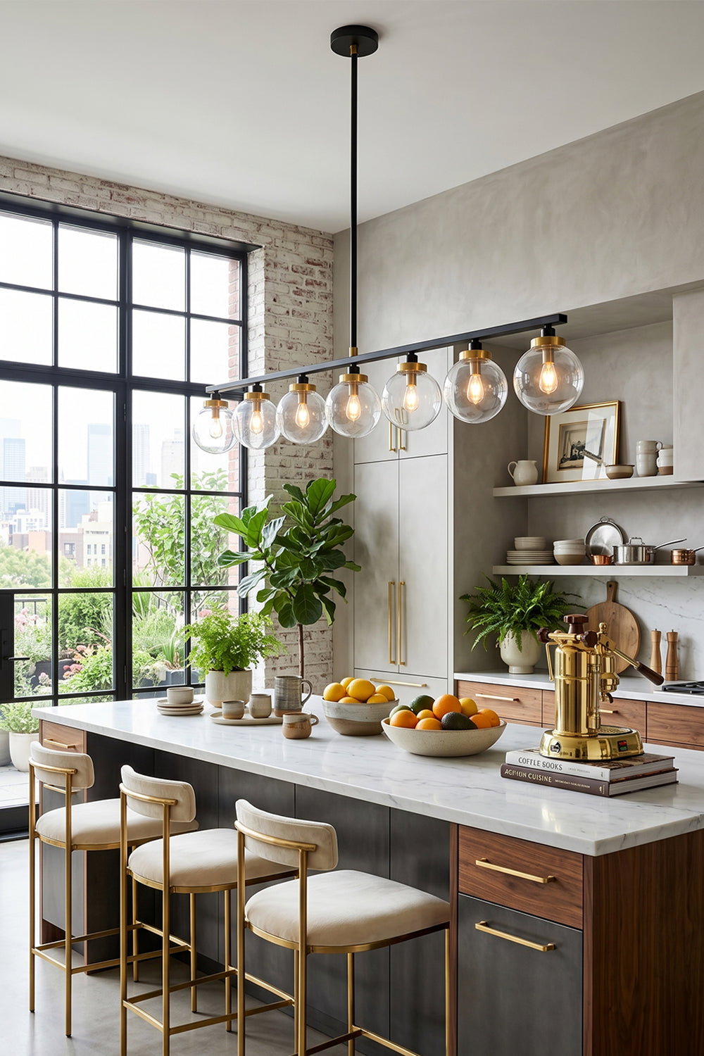 Brooks Linear Glass Globe Chandelier | Glass, Metal | Hanging as stylish island lighting in a modern industrial kitchen, casting a warm glow over wooden barstools and a marble countertop | vexa lamps