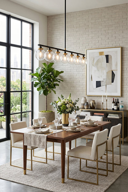 Brooks Linear Glass Globe Chandelier | Glass, Metal | Providing warm ambient overhead lighting above a long wooden dining table with cream upholstered chairs in a bright loft dining space | vexa lamps