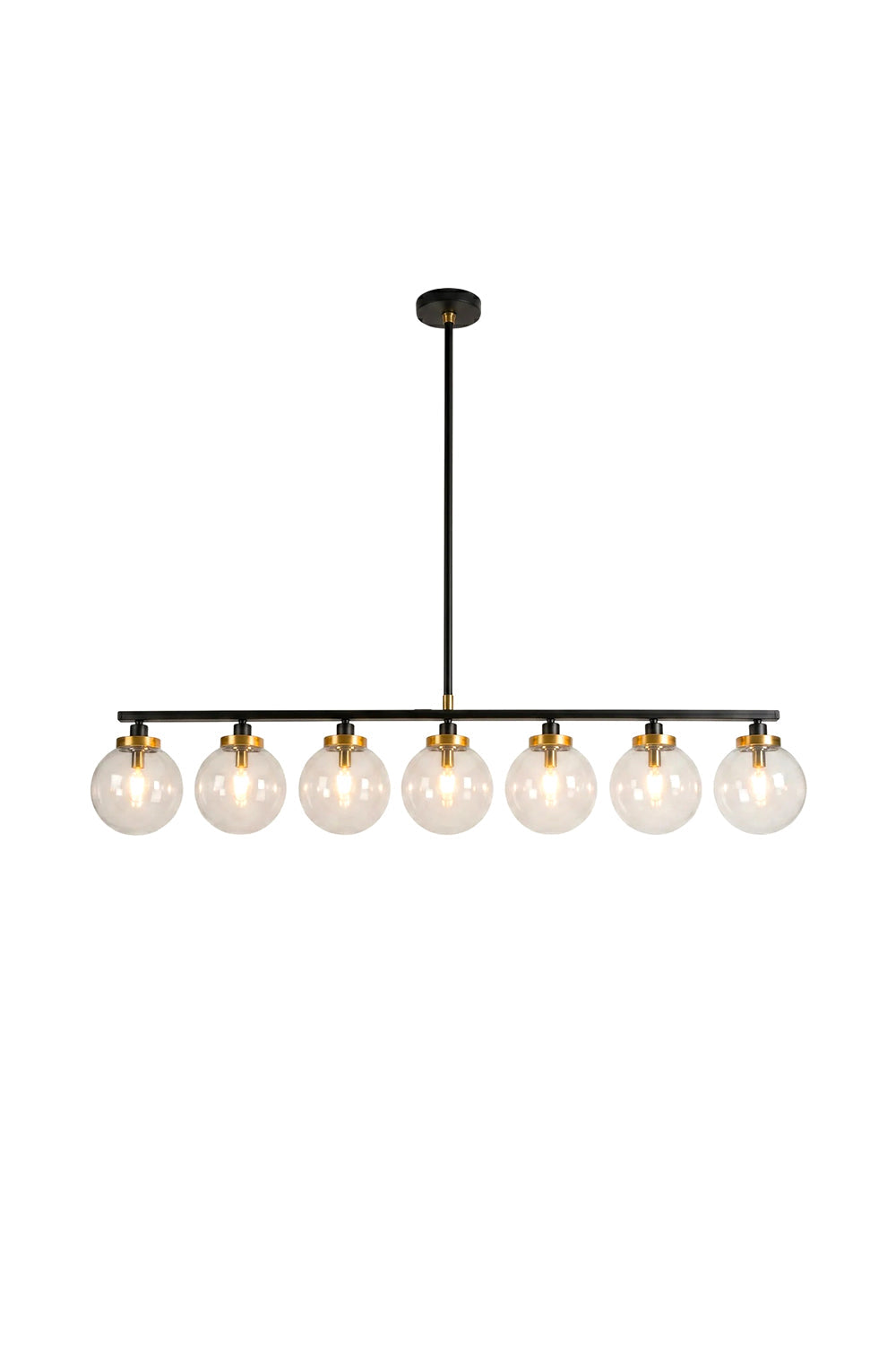Brooks Linear Glass Globe Chandelier | Glass, Metal | Isolated unlit view of a modern industrial 7-light linear chandelier featuring clear glass globes, gold brass sockets, and a sleek matte black bar | White background | vexa lamps