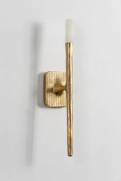 Bryony Torch Alabaster Brass Wall Lamp in a modern gold design with a sleek stick shape and frosted glass shade.