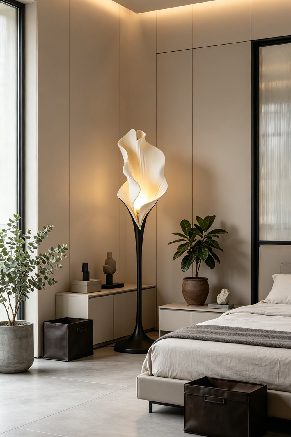 Modern resin petal floor lamp in a cozy bedroom corner | Metal, Resin |