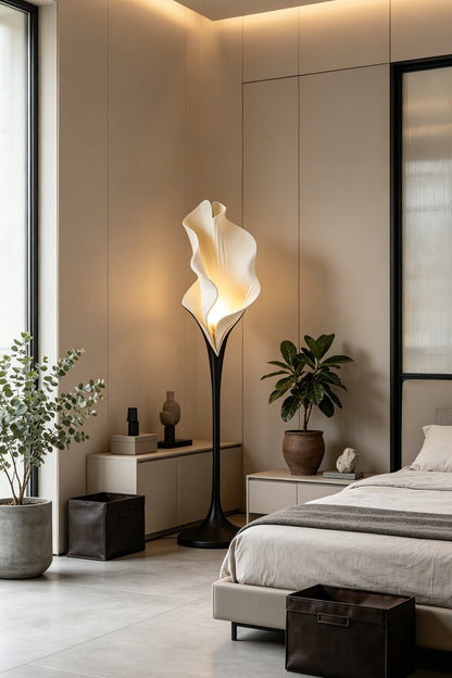 Modern resin petal floor lamp in a cozy bedroom corner | Metal, Resin |