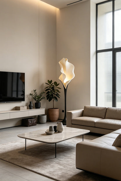 Elegant lily-shaped floor lamp in a modern living room | Metal, Resin |