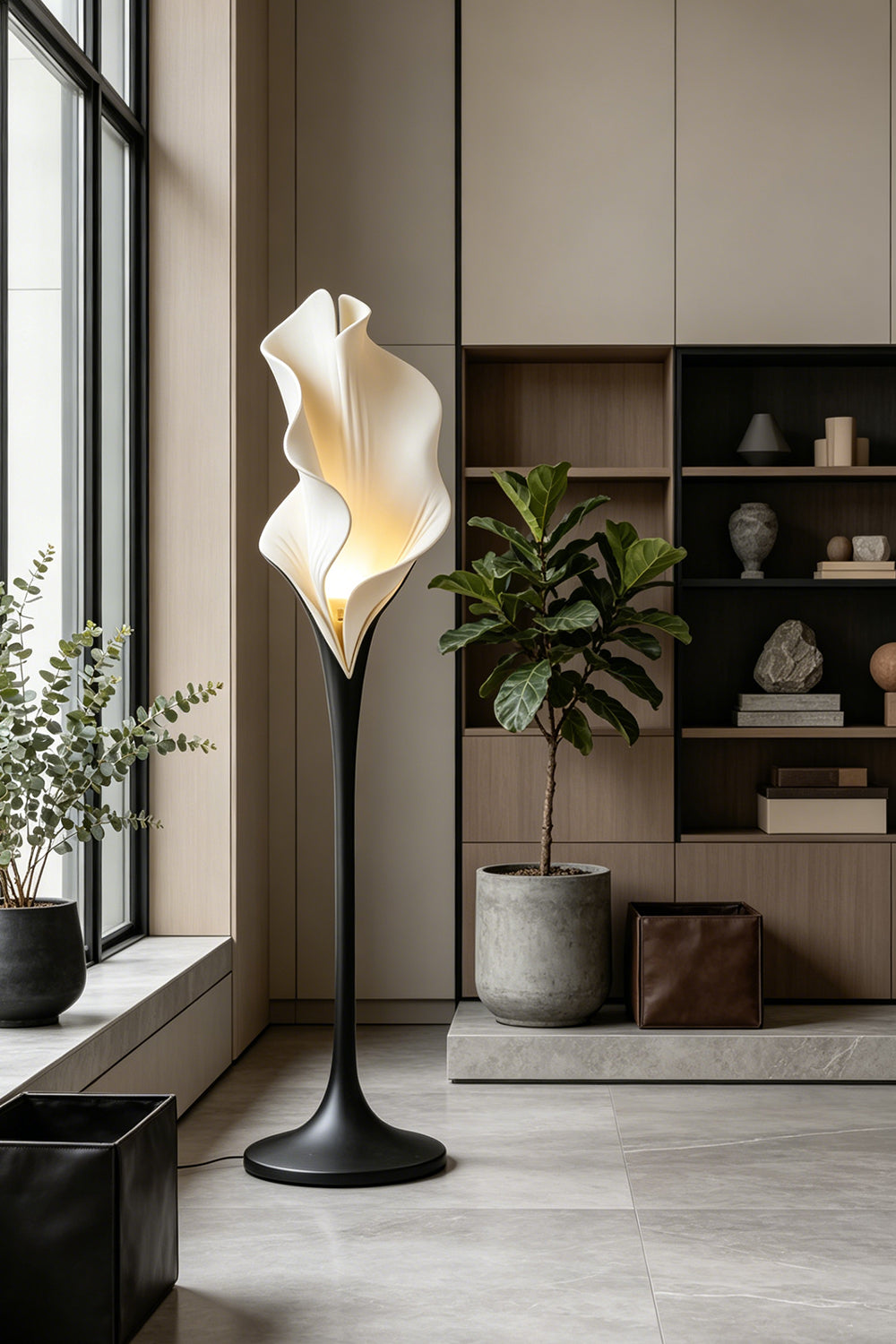 White resin floor lamp positioned next to a large window | Metal, Resin 