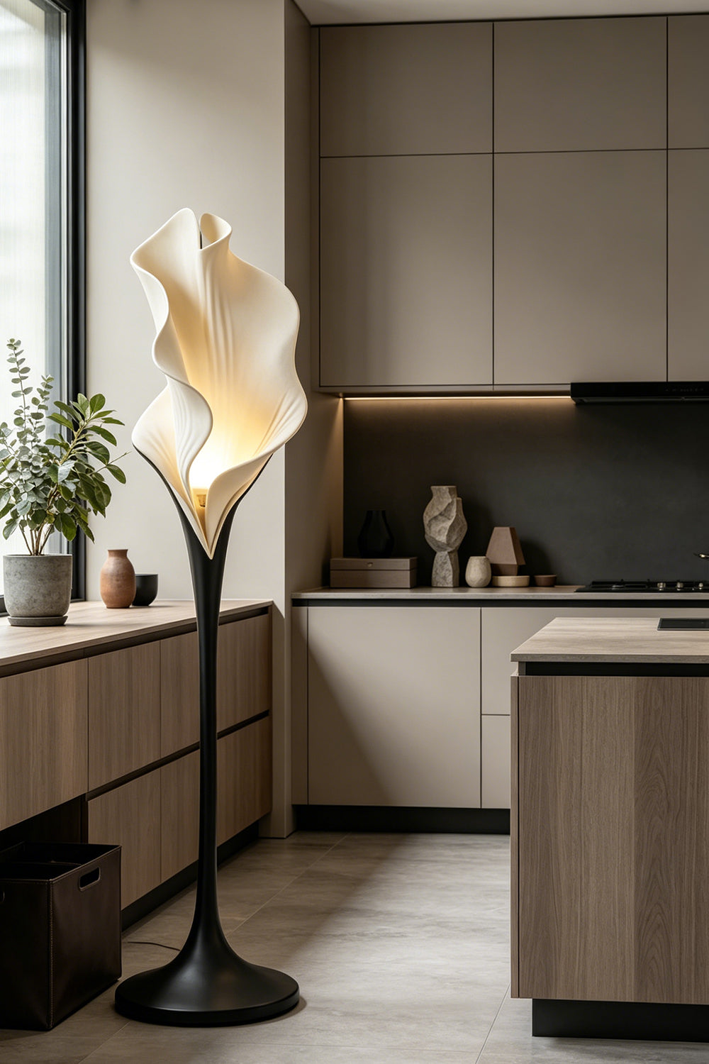 Modern Calla Muse floor lamp near kitchen cabinetry | Metal, Resin