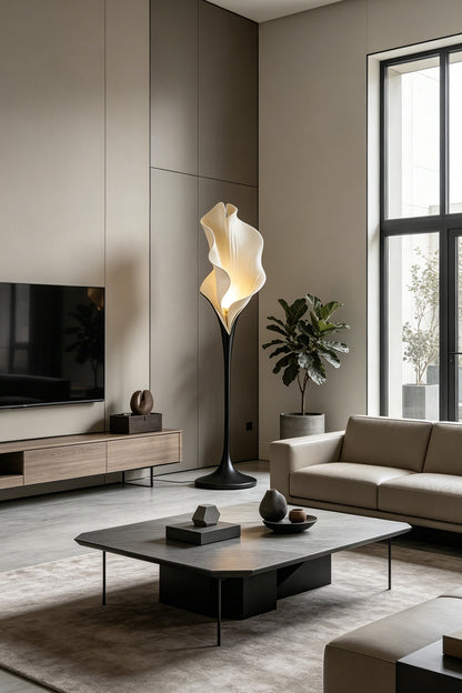 Calla lily inspired floor lamp in a contemporary lounge | Metal, Resin