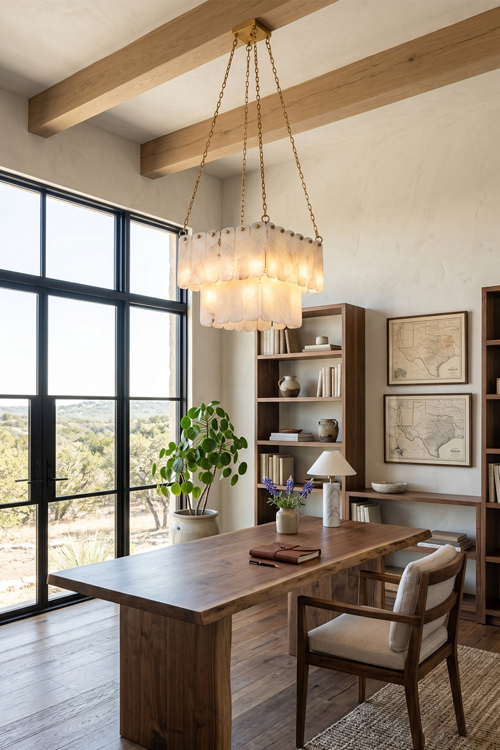 Callista Tiered Alabaster Chandelier | Alabaster, Metal | Providing refined overhead illumination in a bright contemporary study room above a long oak writing table with grid windows | vexa lamps