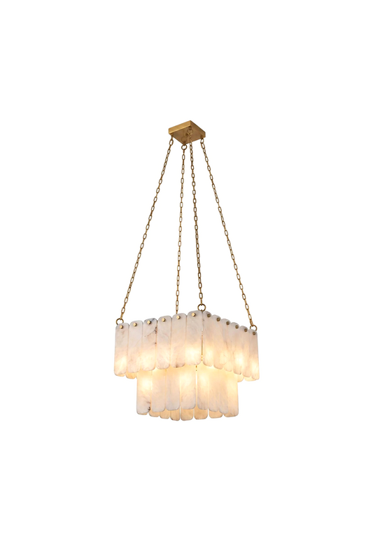 Callista Tiered Alabaster Chandelier | Alabaster, Metal | Isolated lit view of a luxurious modern rectangular tiered chandelier featuring translucent white alabaster stone panels suspended by four gold chains from a brass canopy | White background | vexa lamps