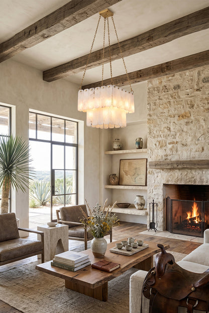 Callista Tiered Alabaster Chandelier | Alabaster, Metal | Wide-angle view of the illuminated tiered alabaster fixture in a luxurious cabin-style living room with a burning stone fireplace | vexa lamps