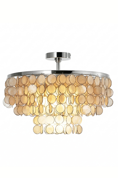 Tiered Capiz shell disc ceiling light with chrome frame | Shell | Iron | Lit front view on white background | vexa lamps