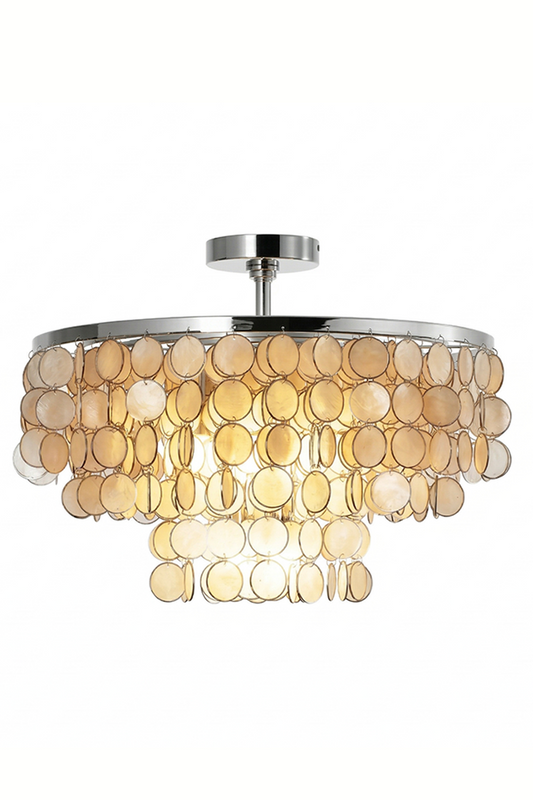 Tiered Capiz shell disc ceiling light with chrome frame | Shell | Iron | Lit front view on white background | vexa lamps