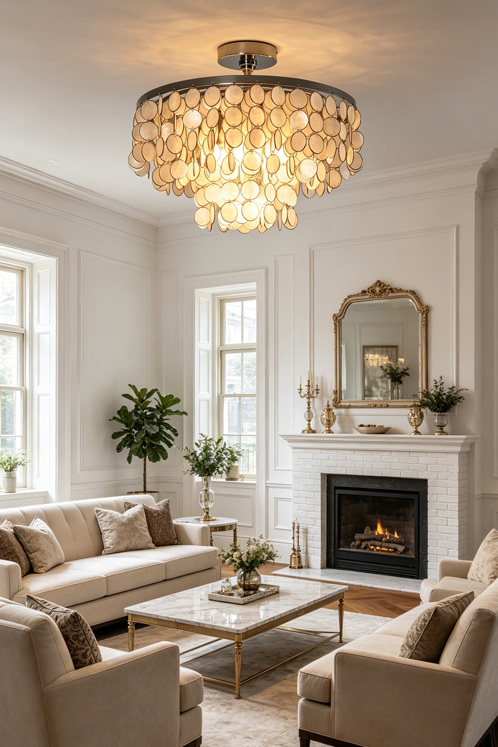 Modern Capiz shell flush mount light | Shell | Iron | Installed in a classic living room with white fireplace | vexa lamps