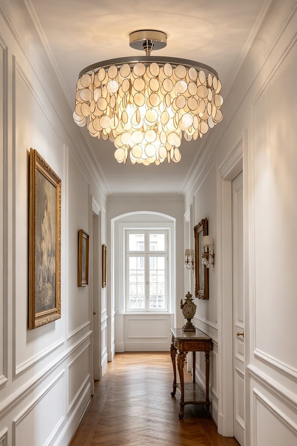Capiz shell ceiling light for hallway | Shell | Iron | Installed in a sophisticated corridor with wall molding | vexa lamps