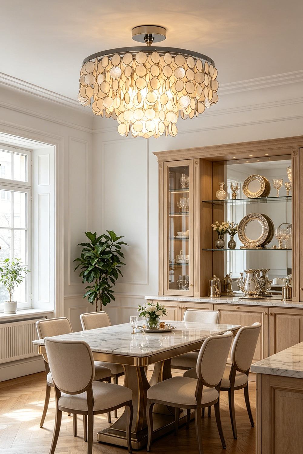 Round shell disc flush mount light | Shell | Iron | Centered in a traditional dining room with wooden table | vexa lamps