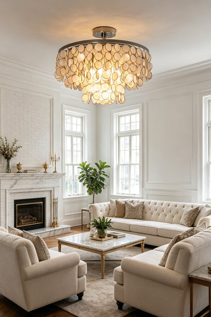 Shimmering shell disc ceiling fixture | Shell | Iron | Interior scene showing living area with classic furniture | vexa lamps