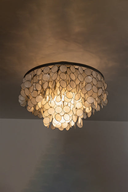 Soft-glow Capiz shell disc light | Shell | Iron | Close-up of the lamp from below showing light diffusion | vexa lamps