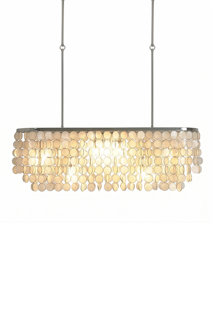 Elongated oval Capiz shell chandelier with chrome frame | Iron | Shell | Lit front view isolated on white background | vexa lamps