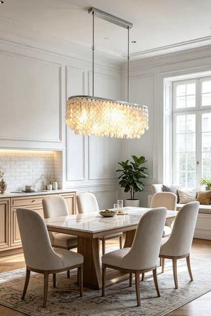 Elegant Capiz shell linear chandelier | Iron | Shell | Dining room interior with neutral tones and classic furniture | vexa lamps