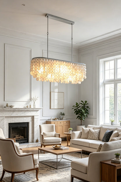 Capiz shell elongated chandelier | Iron | Shell | Wide shot of a bright living and dining open space | vexa lamps