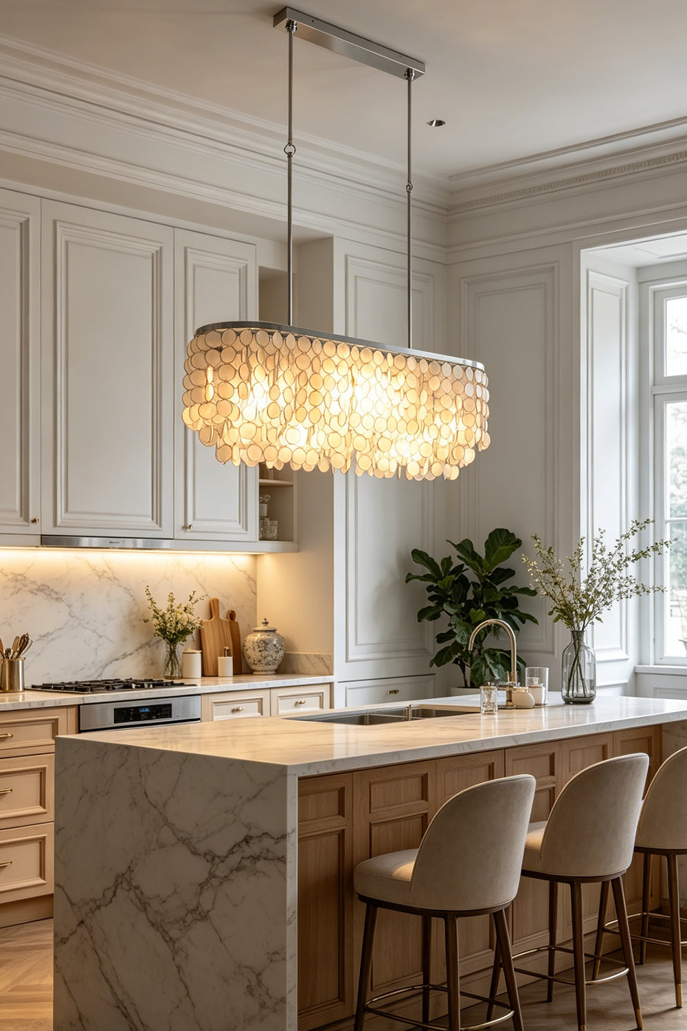 Decorative linear shell lighting | Iron | Shell | Kitchen scene featuring marble countertops and sunlight | vexa lamps