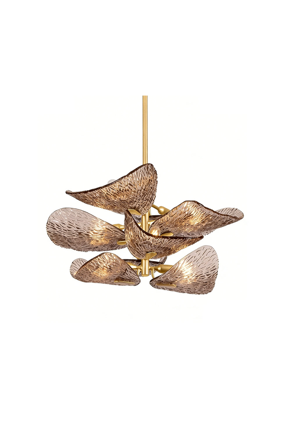 Textured amber glass wave leaf chandelier with brass rod | Metal, Glass | Front view isolated on white background | vexa lamps