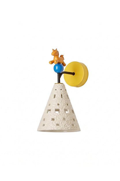 Carousel Horizon Ceramic Wall Sconce | Metal, Resin, Ceramics | Mounted as bedside lighting in a charming children's bedroom with colorful artwork and cozy textiles | vexa lamps