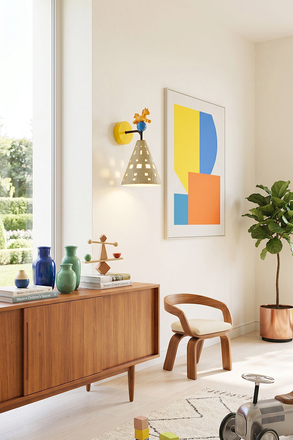 Carousel Horizon Ceramic Wall Sconce | Metal, Resin, Ceramics | Mounted above a modern wooden sideboard next to vibrant geometric abstract art and a curved wooden chair | vexa lamps