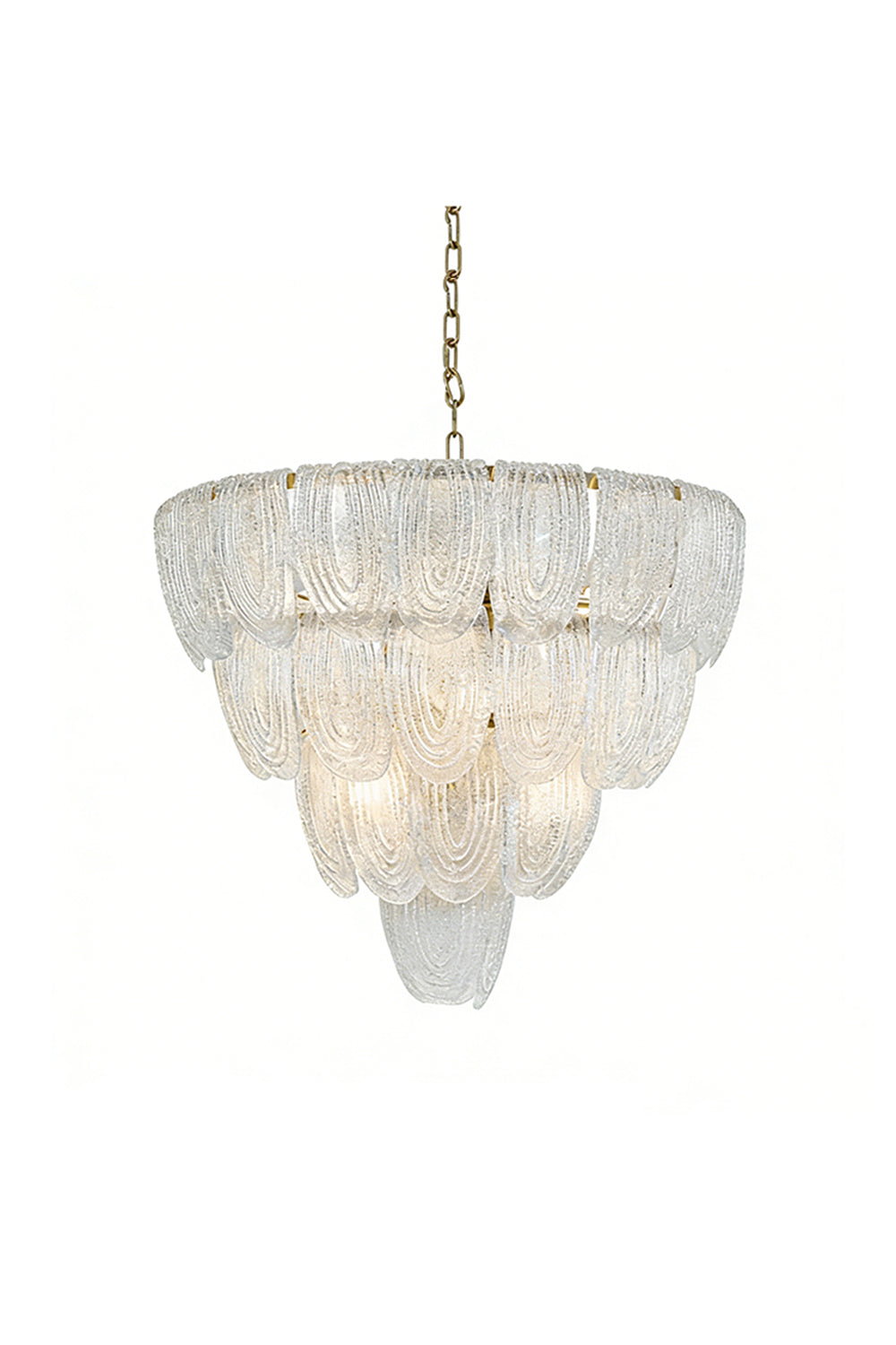 Lit tiered cascading glass petal chandelier | Metal, Glass | Front view isolated on white background | vexa lamps