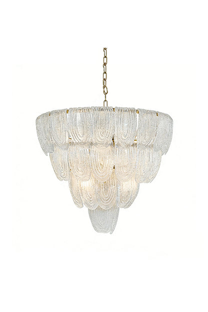 Lit tiered cascading glass petal chandelier | Metal, Glass | Front view isolated on white background | vexa lamps