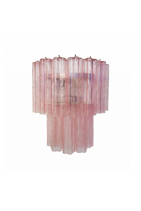 Cascading Prism Pink Glass Wall Light | Glass, Metal | Two-tier pink rippled glass prisms in a tiered waterfall design | Isolated lit product shot on white background | vexa lamps Cascading Prism