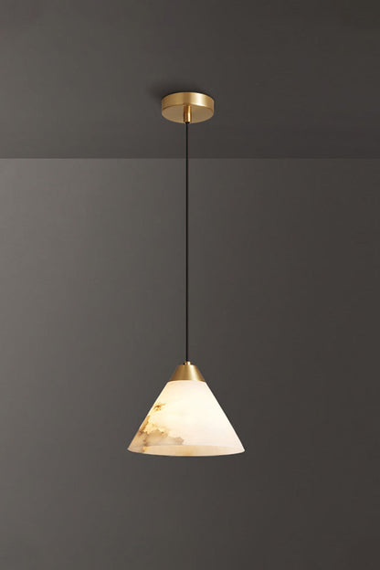 Caspian Conical Alabaster Pendant Light | Natural Alabaster and Brass | Single product view hanging fully lit with gold hardware options against a solid dark grey background | vexa lamps
