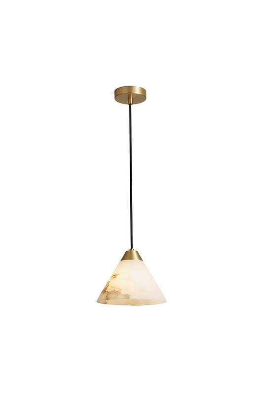 Caspian Conical Alabaster Pendant Light | Natural Alabaster and Brass | Full product view isolated on a pure white background showing the illuminated cone-shaped stone shade | vexa lamps