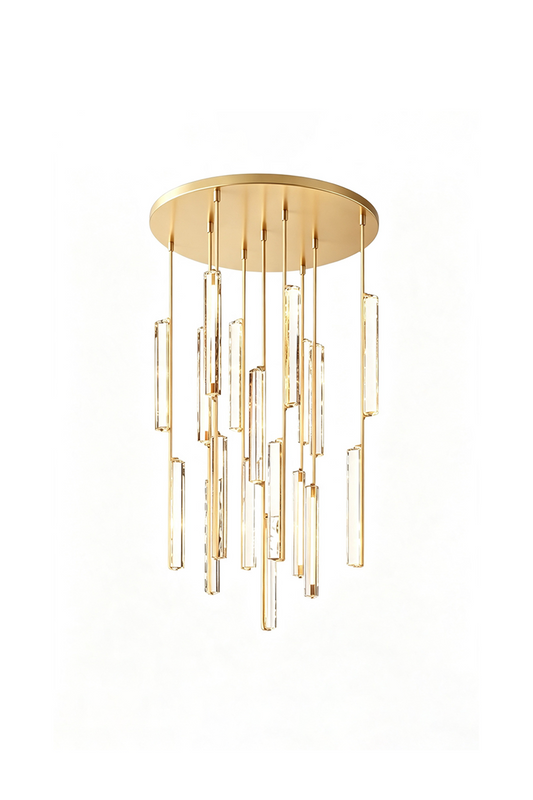 Cassian Cascading Crystal Ring Chandelier with brass-toned drops and K9 crystal prisms.