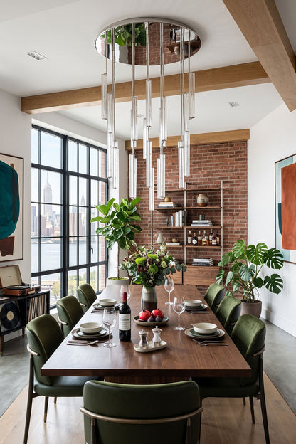 Elegant dining room featuring the Cassian Cascading Crystal Ring Chandelier, adding a touch of luxury and style.