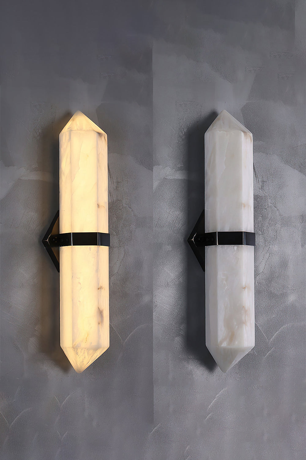 Cassian Faceted Alabaster Wall Sconce showcasing illuminated and non-illuminated options on a textured wall.