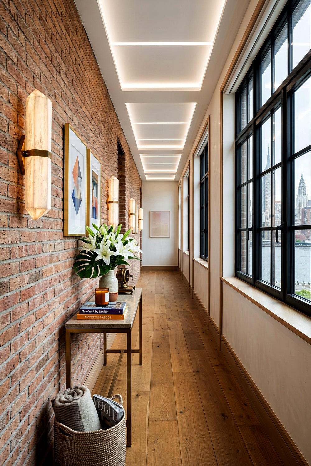 Cassian Faceted Alabaster Wall Sconce illuminating a modern hallway with natural light and brick walls.