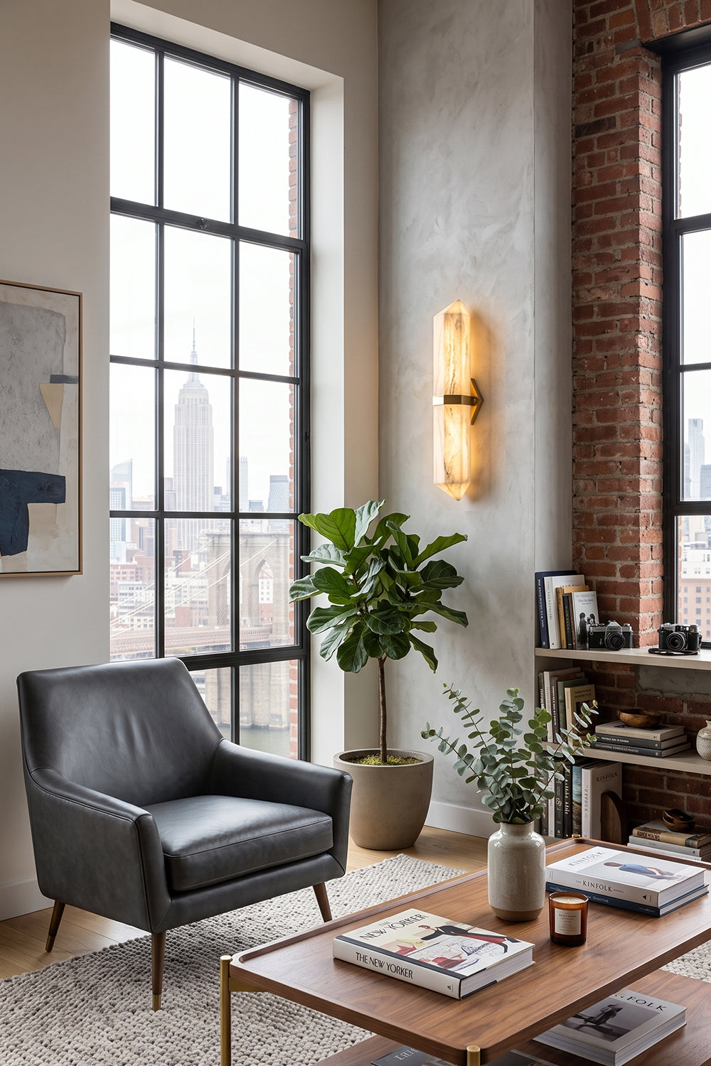 Cassian Faceted Alabaster Wall Sconce illuminating a stylish living room with a view, featuring modern decor and natural elements.