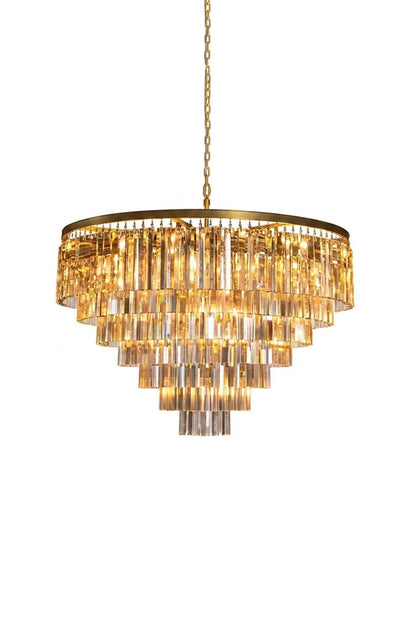 Cassian Tiered Prism Ring Chandelier | Clear Prism Glass and Brass | Front full view on a pure white background, illuminated | vexa lamps