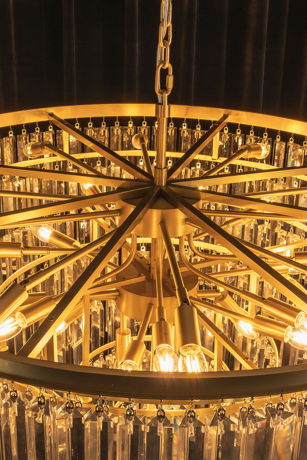 Cassian Tiered Prism Ring Chandelier | Clear Prism Glass and Brass | Bottom-up perspective showing the radial brass frame structure | vexa lamps