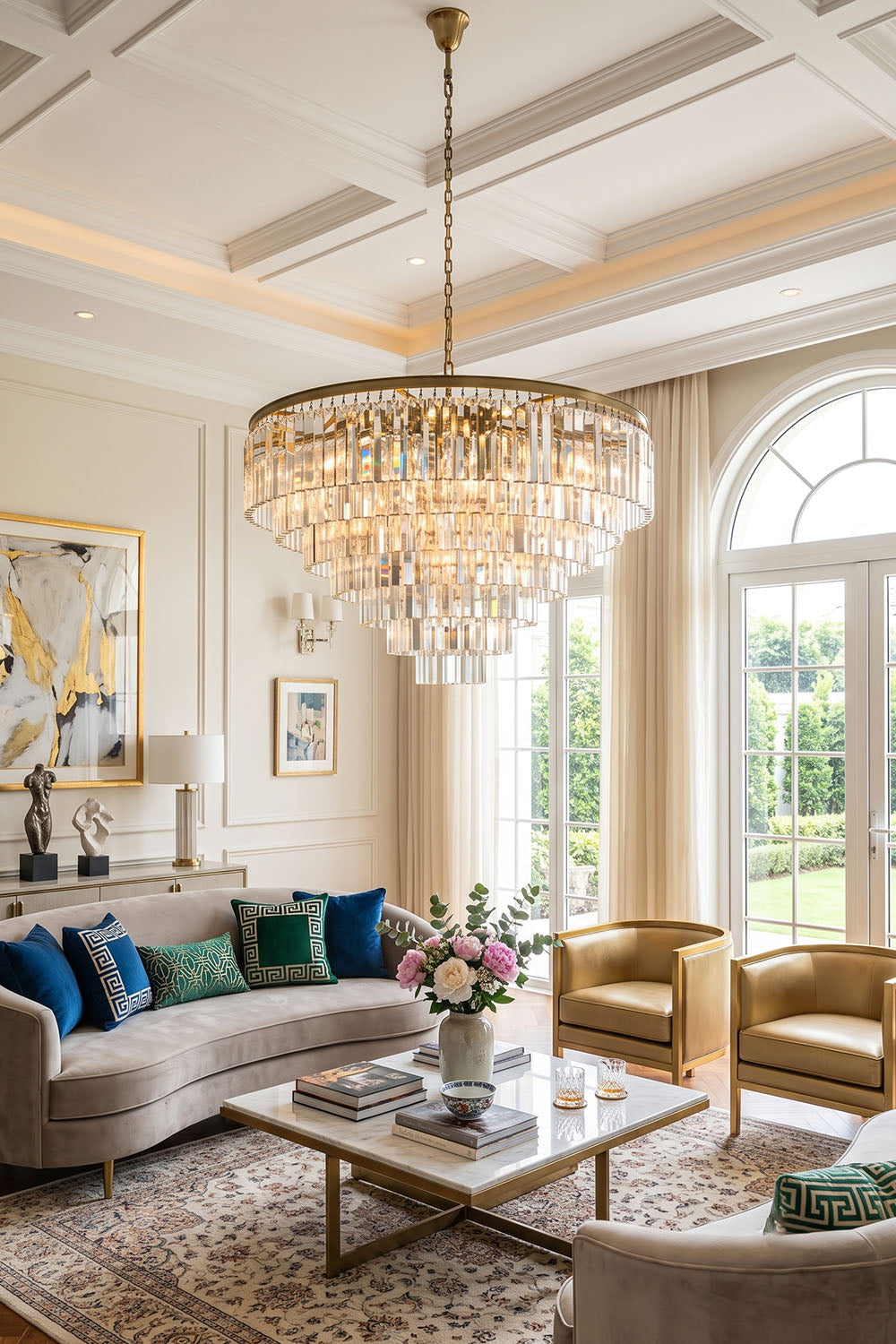 Cassian Tiered Prism Ring Chandelier | Clear Prism Glass and Brass | Displayed in an elegant living room featuring large curved windows | vexa lamps