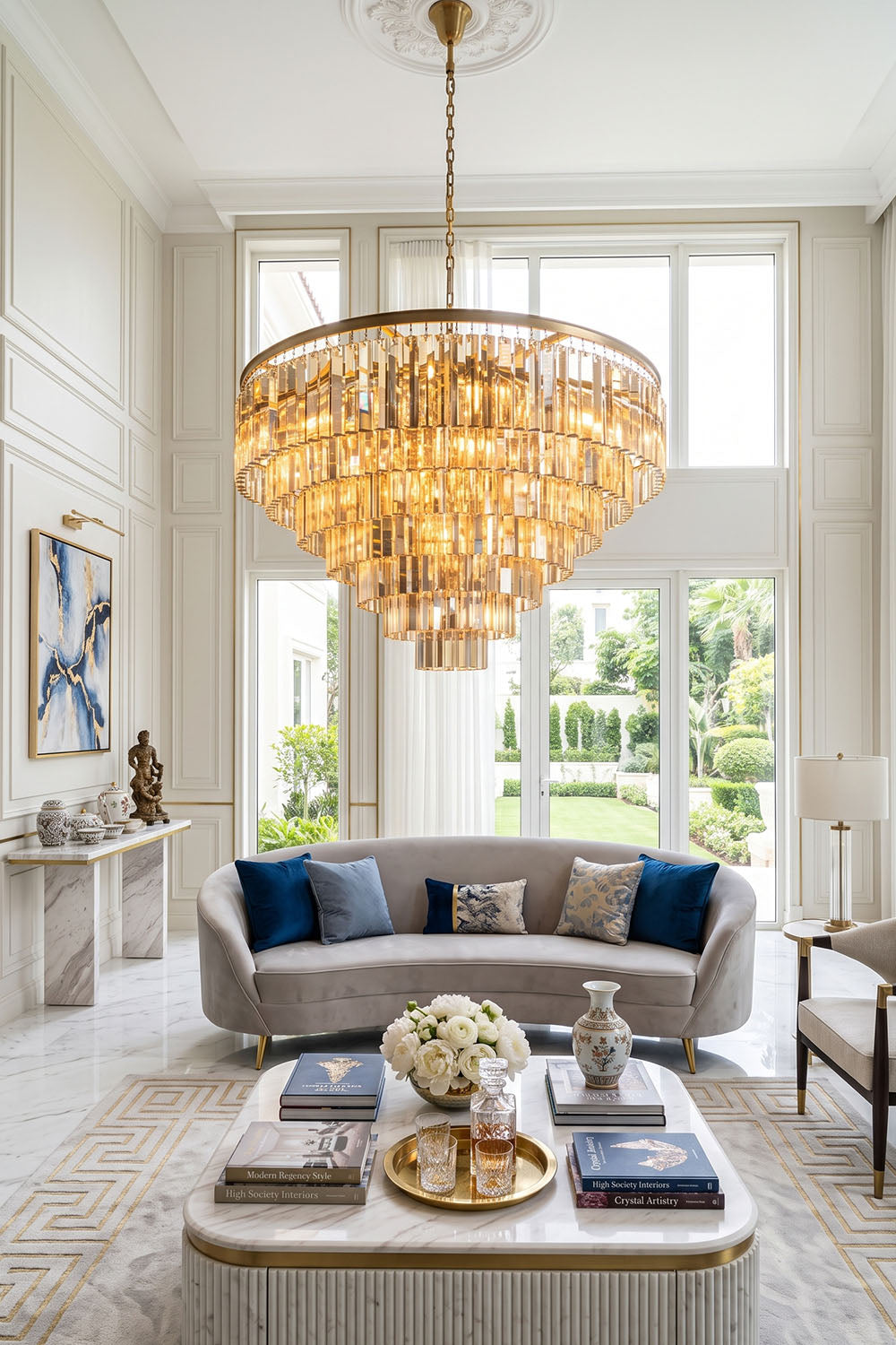 Cassian Tiered Prism Ring Chandelier | Clear Prism Glass and Brass | Enhancing a spacious high-ceiling living space with a grey sofa | vexa lamps