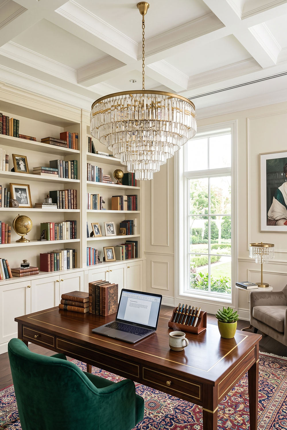 Cassian Tiered Prism Ring Chandelier | Clear Prism Glass and Brass | Illuminating a home office study with wooden desk and bookshelves | vexa lamps