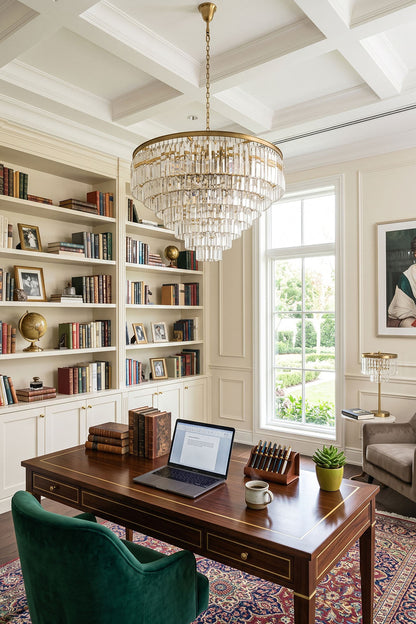 Cassian Tiered Prism Ring Chandelier | Clear Prism Glass and Brass | Illuminating a home office study with wooden desk and bookshelves | vexa lamps