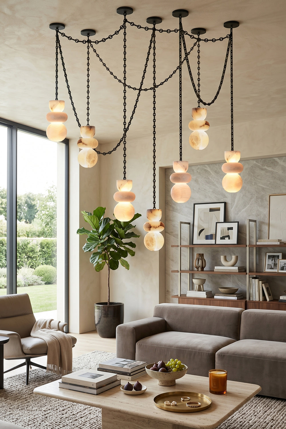 Celestial Alabaster Chandelier | Alabaster, Metal | Feature lighting in modern living room over coffee table | vexa lamps